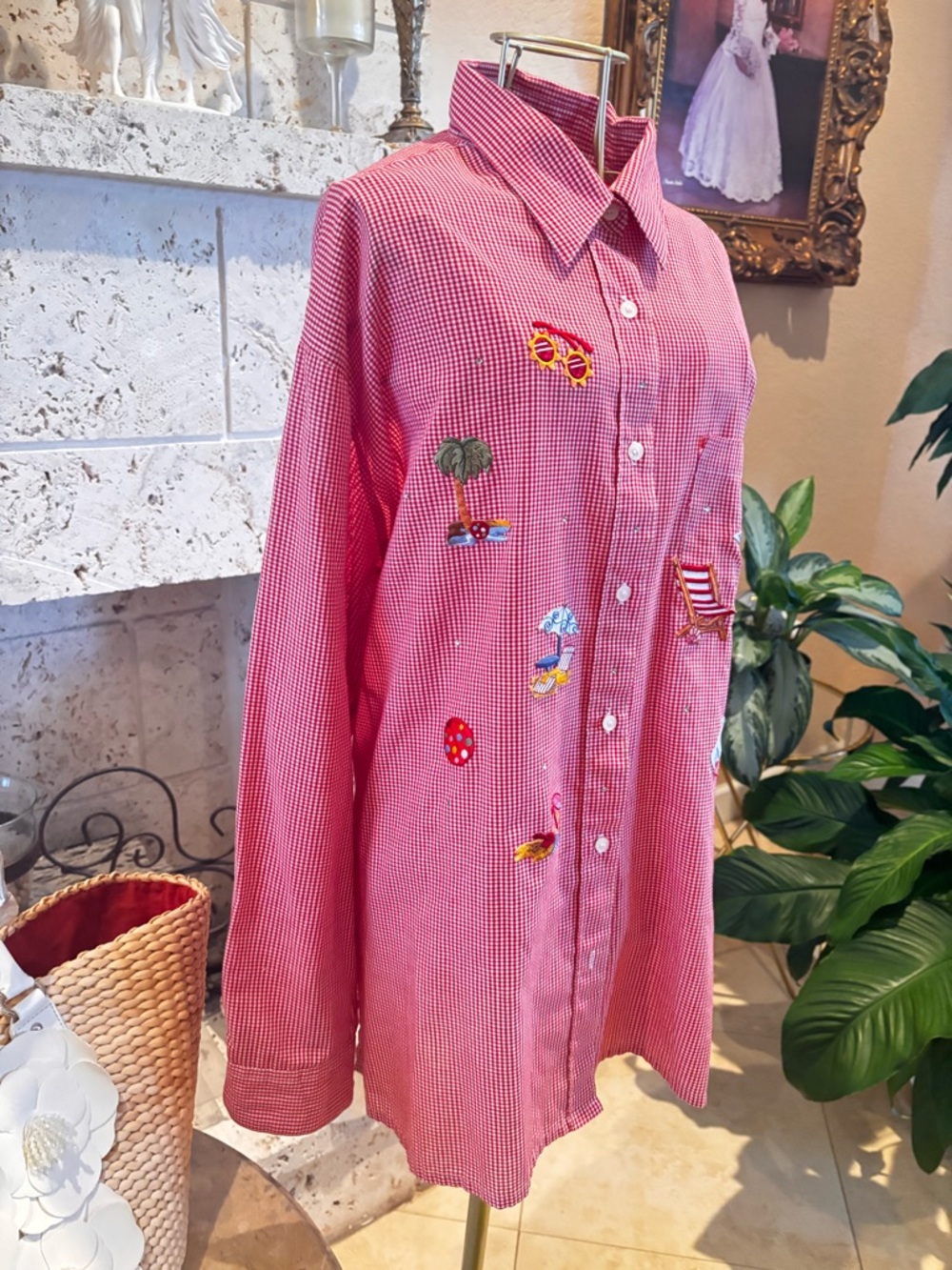 Coastal Beach Embroidered Gingham Button Down Shirt 1X Vacation Vibes - Picture 4 of 8